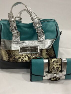 Teal and Silver Leather Satchel and Wallet Set